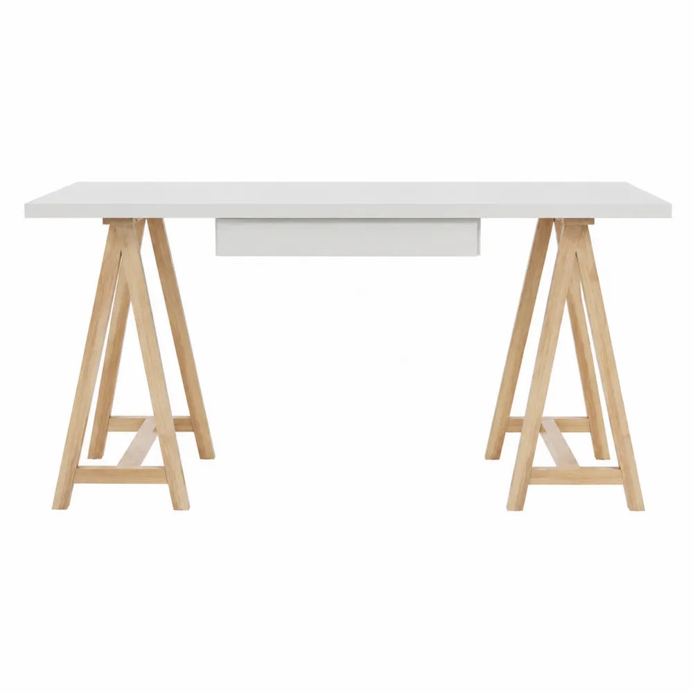 Schreibtisch mit weißer MDF-Platte und Holzbeinen 120x60x75 cm