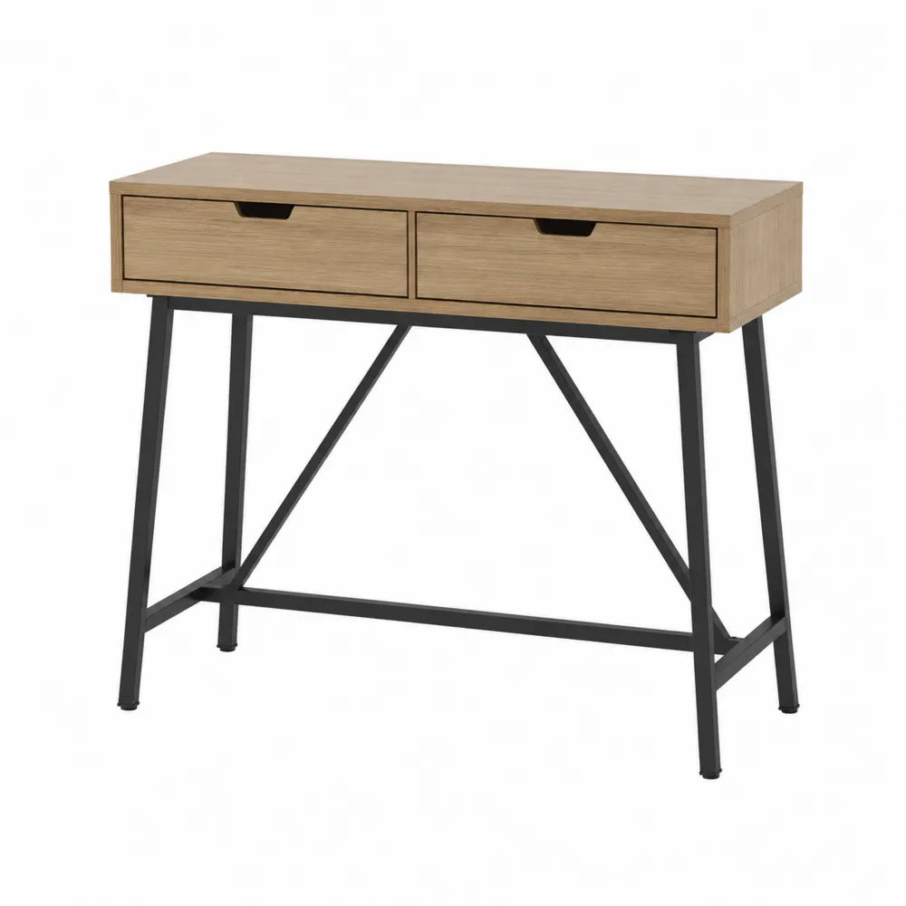 Holz- und Metalltisch mit 2 Schubladen, 118x45x75 cm, Braun/Schwarz