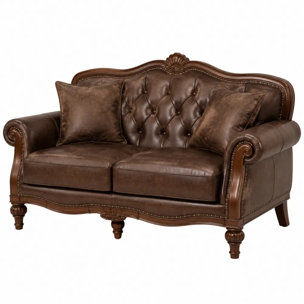 Zweisitzer-Sofa Braun Lederoptik Massivholz